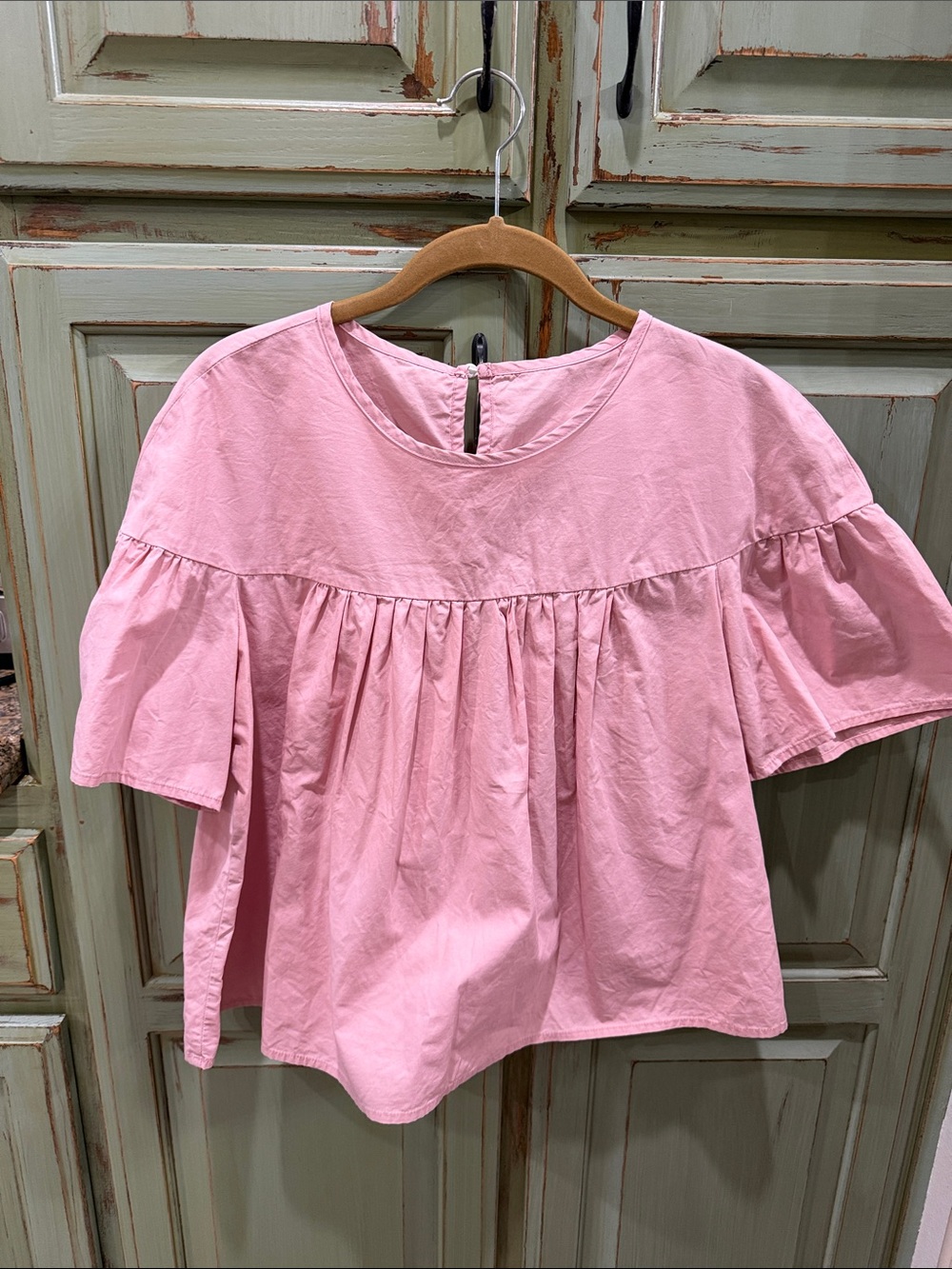 SHEIN Light Pink Short Ruffle Sleeve Peasant Blouse